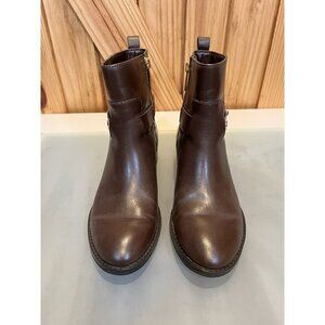 Michael Kors Brown Leather Booties Women's Size 6 EUC Gold Zip Detail MK Logo